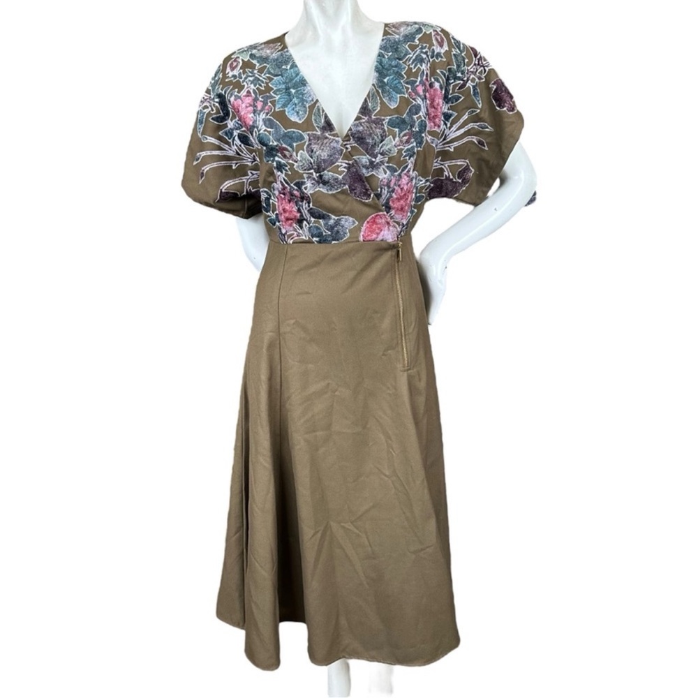 Anthropologie Hemant + Nandita Olive Green & Velvet Floral Short Sleeve Dress 6 - Picture 2 of 14